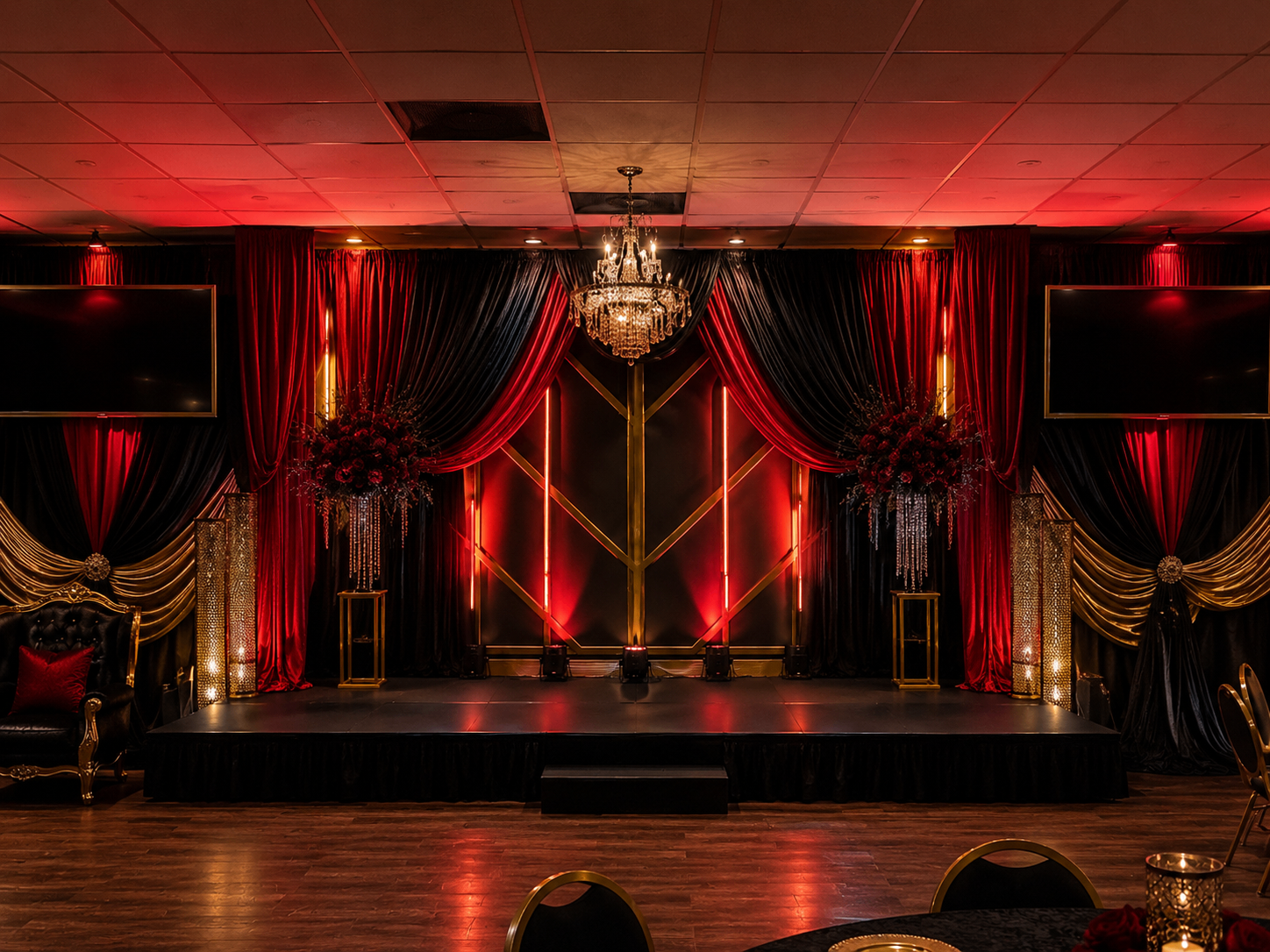 Red and black stage setup inside D. Rose Production Studios